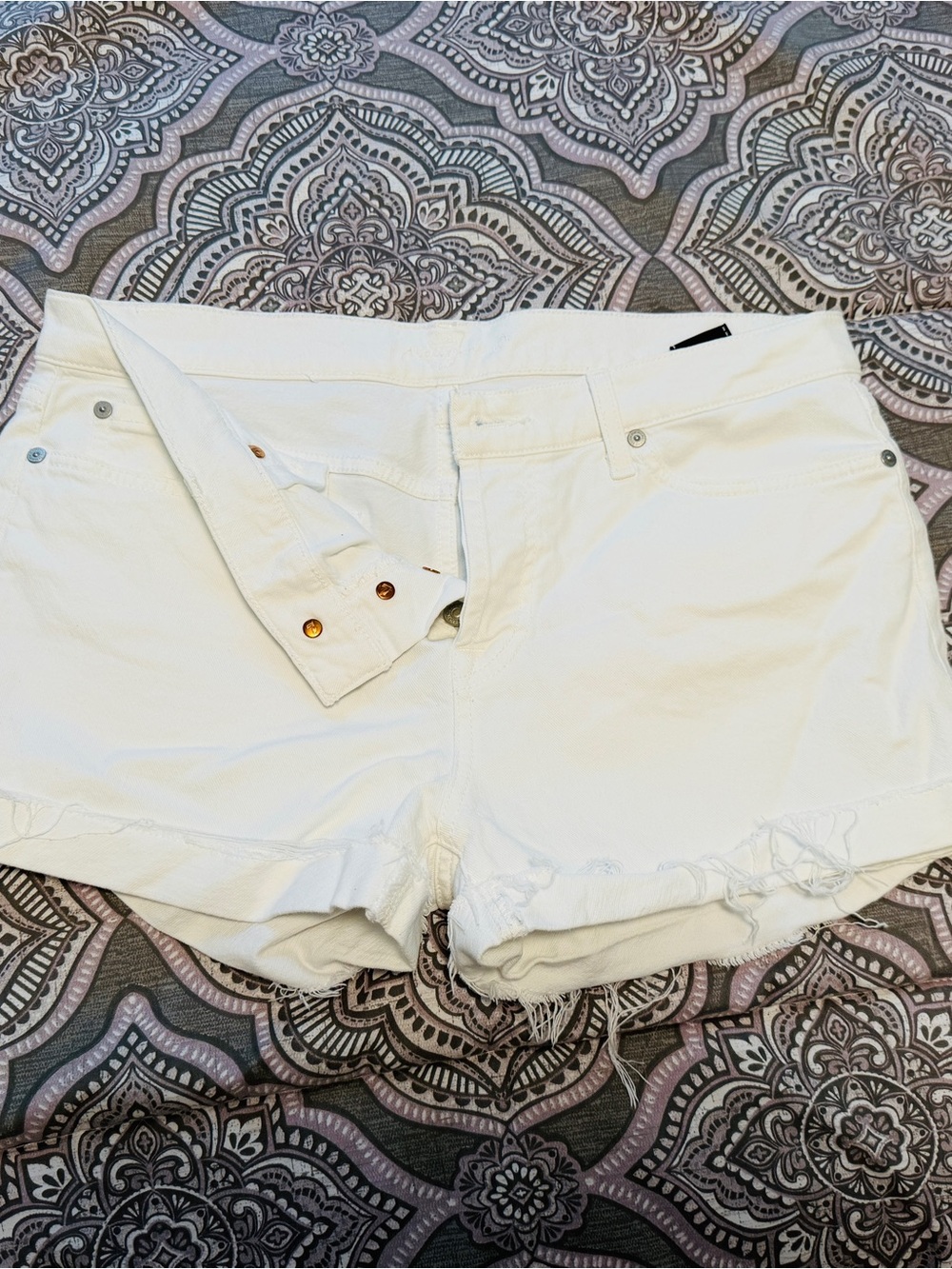 7 For All Mankind White Frayed Hem Denim Shorts